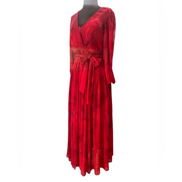 Calvin Klein Romantic Floral Tie Dye Flowy Belted Boho Sleeved Maxi Dress Size 4 - Picture 3 of 7